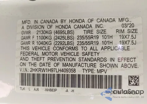 2020 Honda Cr-V 2Wd Touring from USA, damaged, VIN 2HKRW1H97LH409358